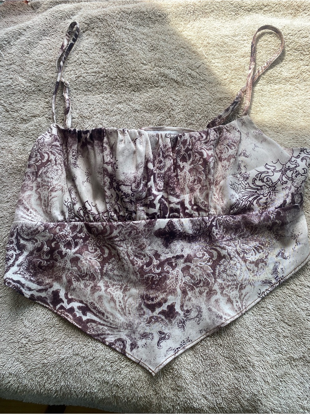 Garage Renaissance Print Ruched Satin Handkerchief Crop Top S